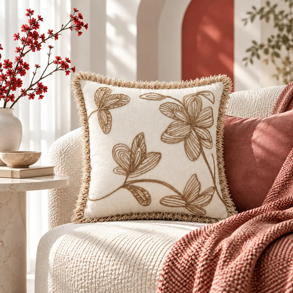 Petal Trace Embroidered Cushion Cover