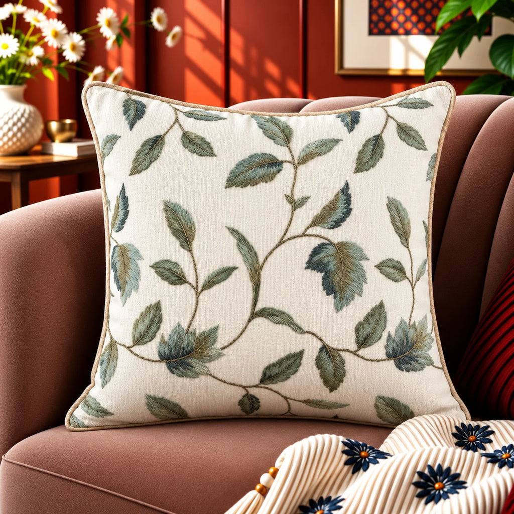Willow Leaves Embroidered Cushion Cover