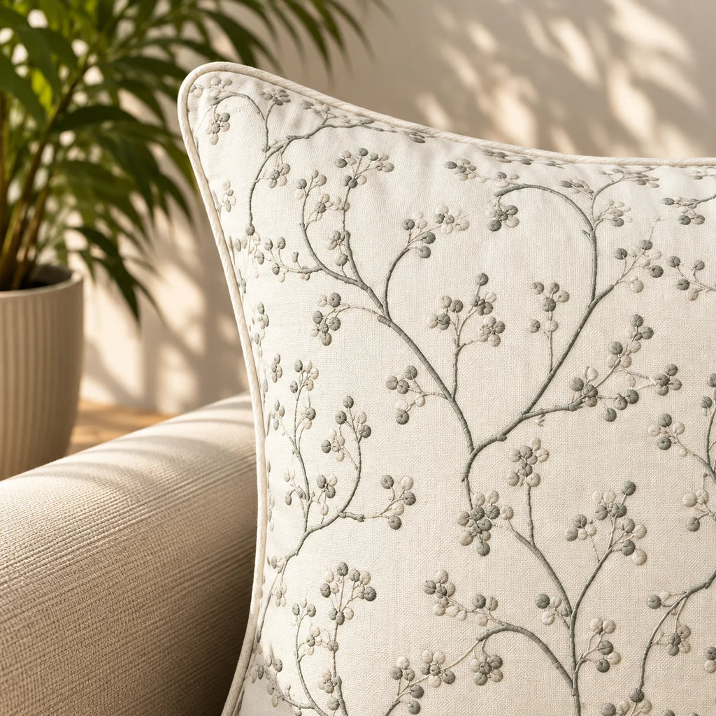 Silverberry Vine Embroidered Cushion Cover