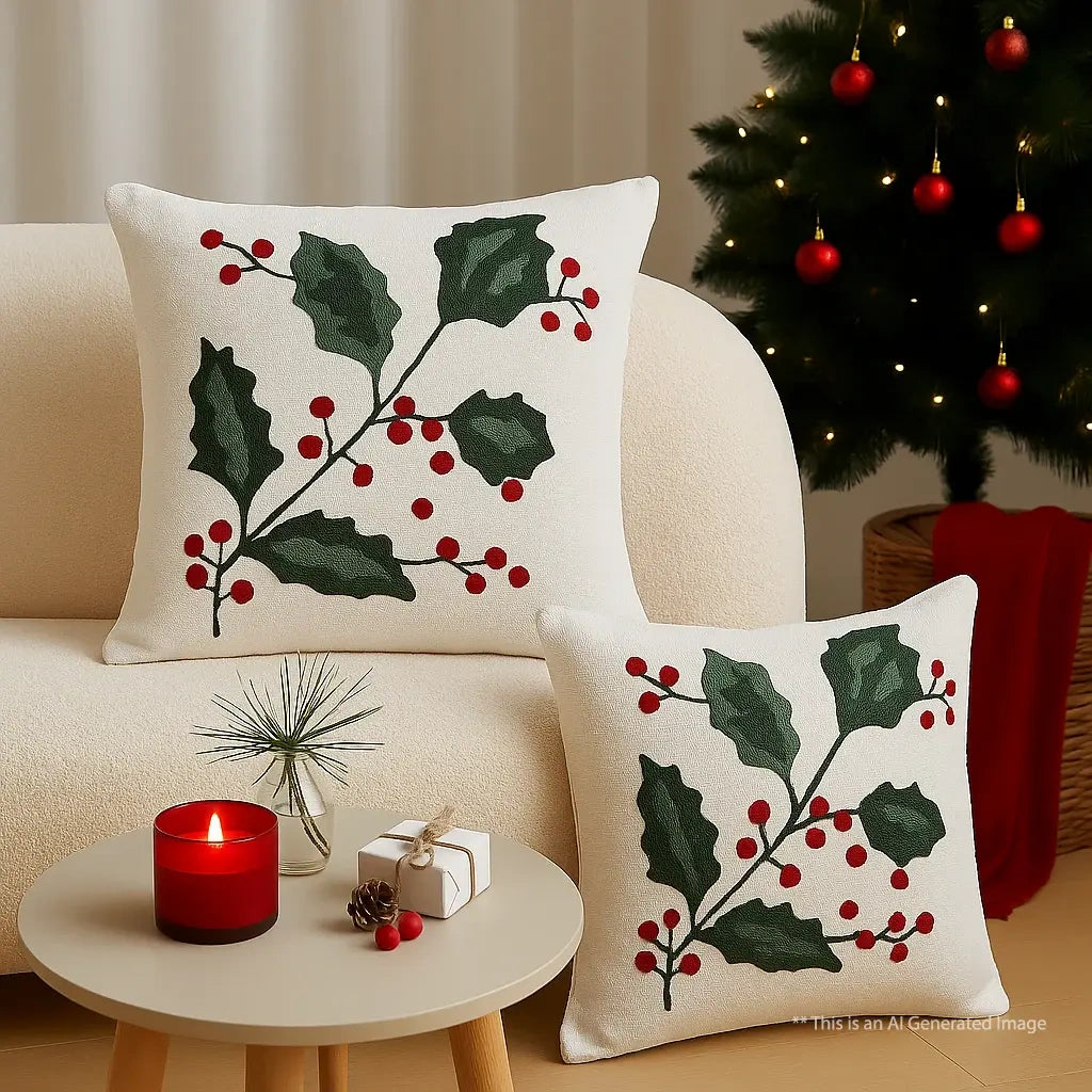 Winter Poinsettia Embroidered Cushion Cover