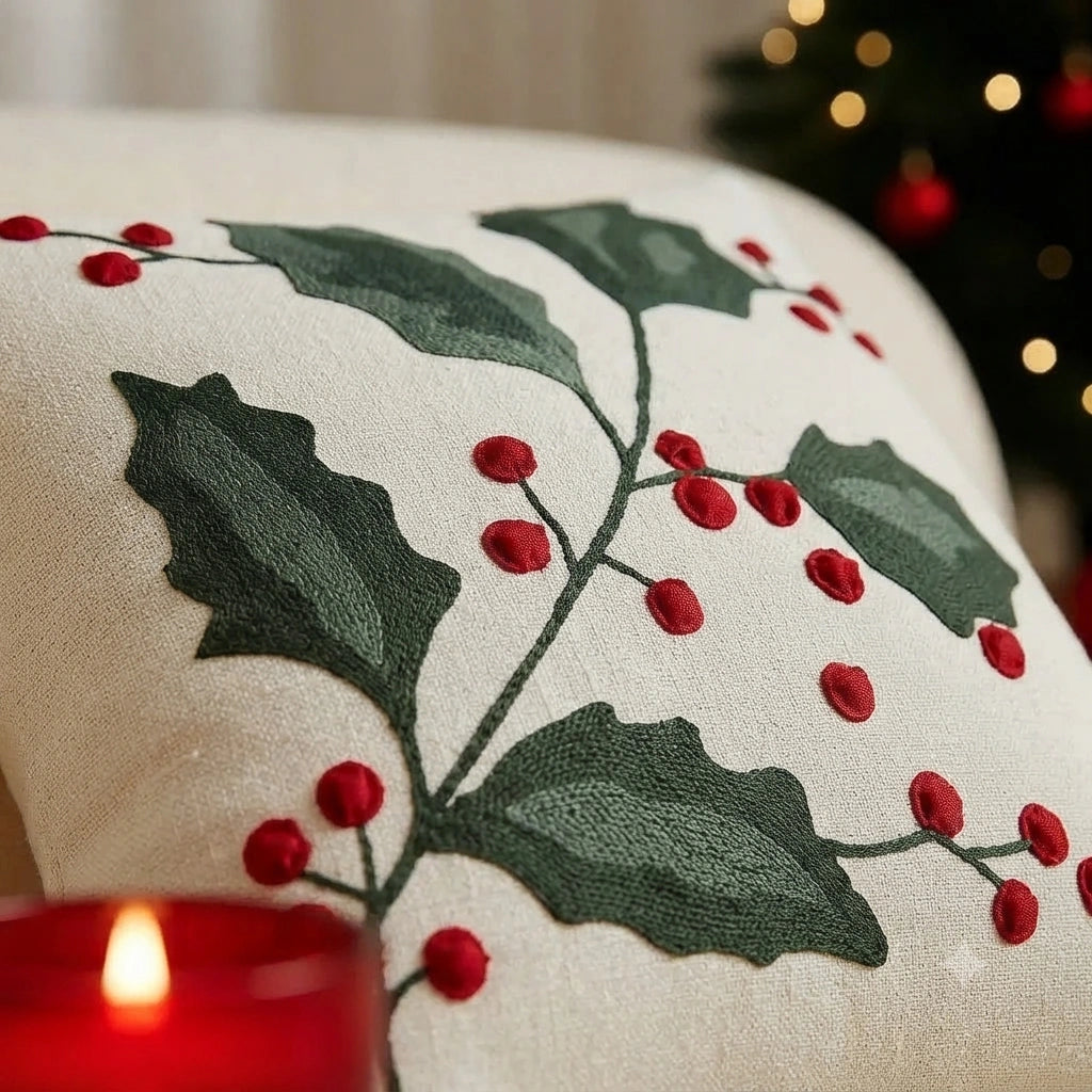 Winter Poinsettia Embroidered Cushion Cover