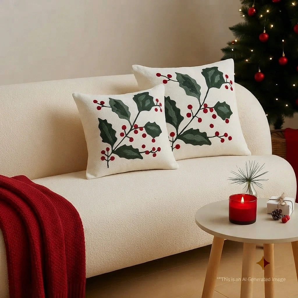 Winter Poinsettia Embroidered Cushion Cover