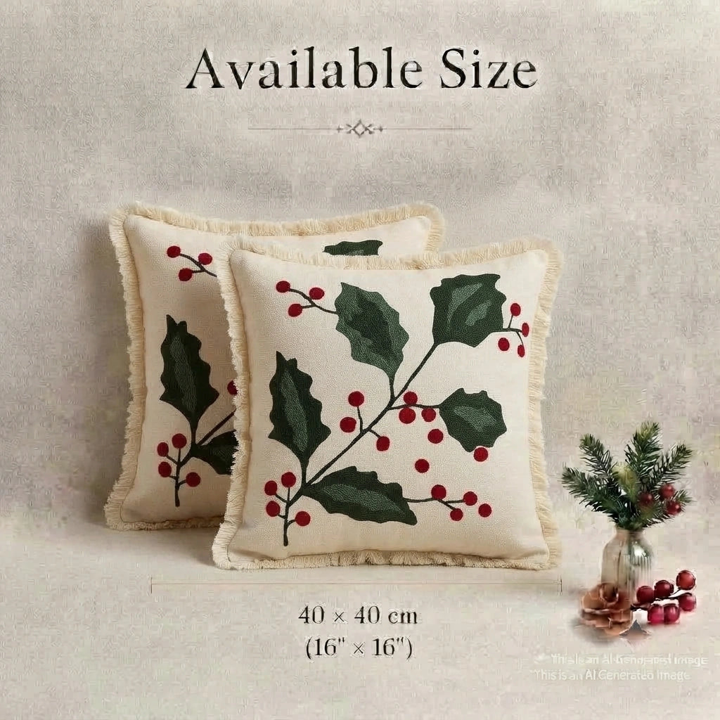 Winter Poinsettia Embroidered Cushion Cover