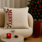 Festive Holly Embroidered Cushion Cover