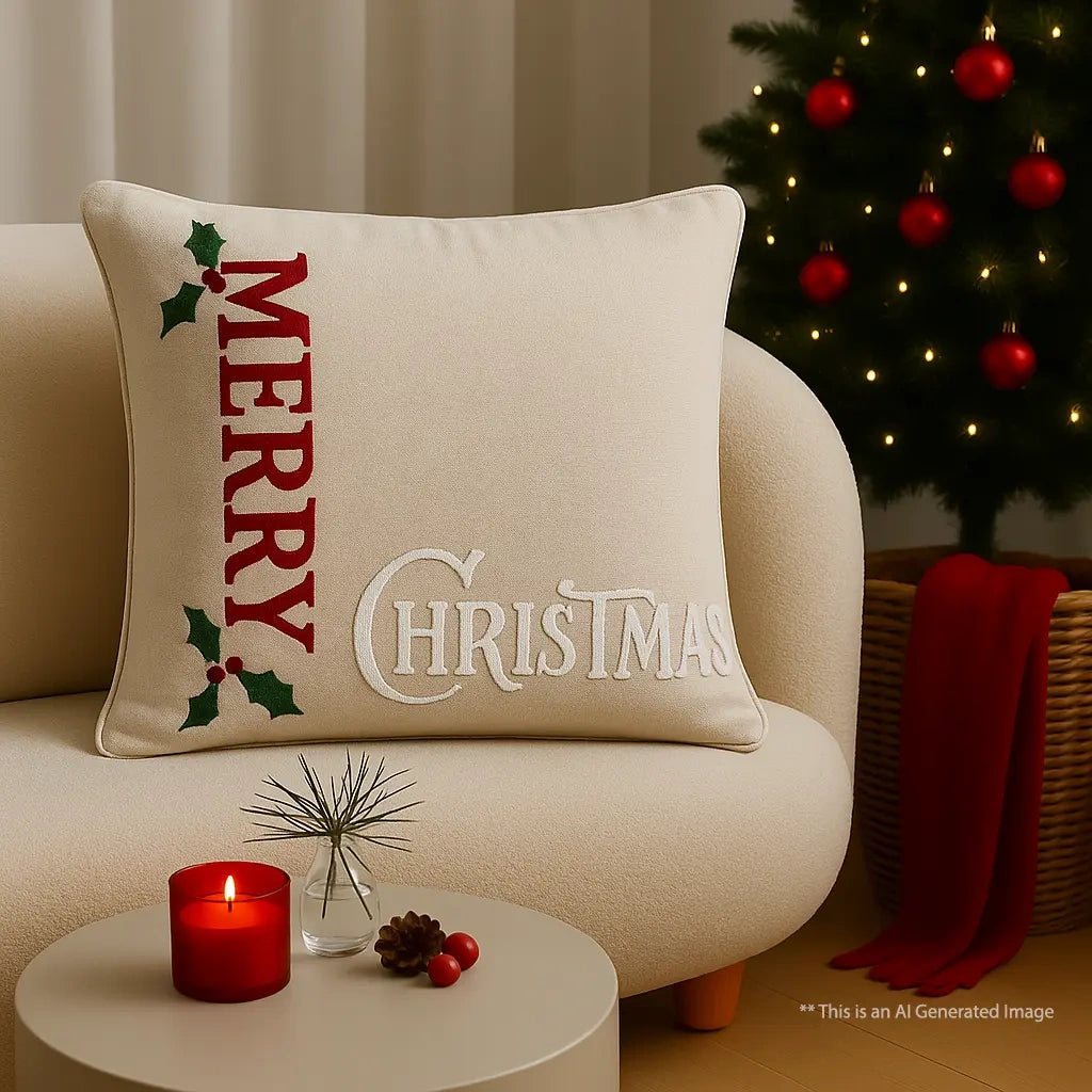 Festive Holly Embroidered Cushion Cover