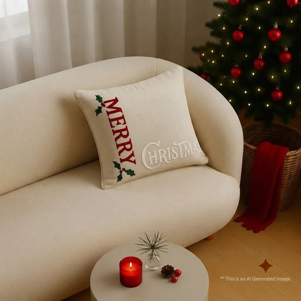 Festive Holly Embroidered Cushion Cover
