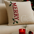 Festive Holly Embroidered Cushion Cover