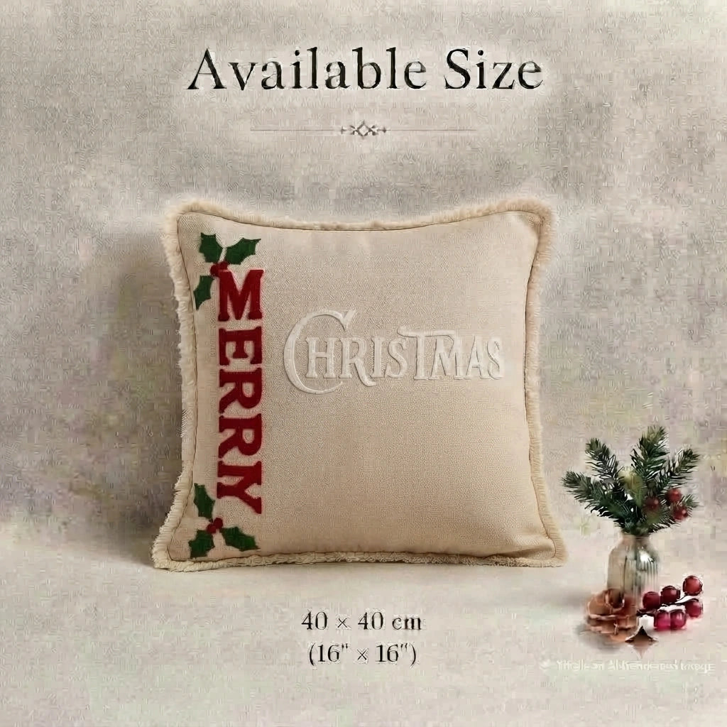 Festive Holly Embroidered Cushion Cover