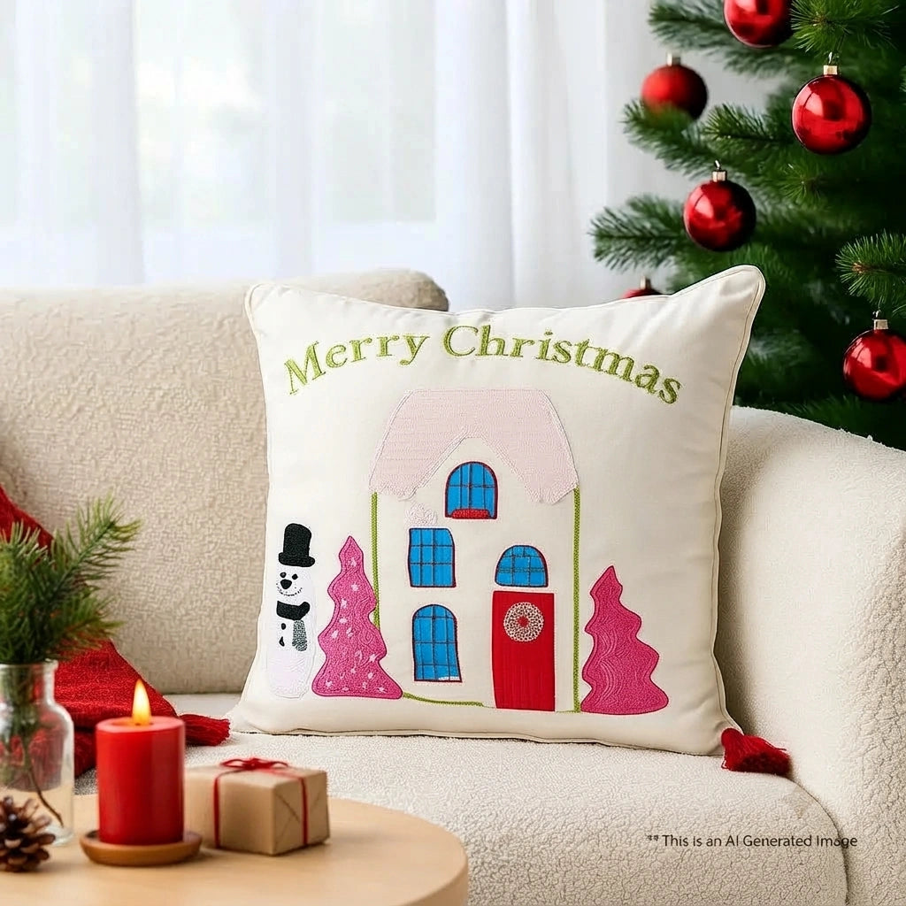 Pink Cottage Christmas Cushion Cover