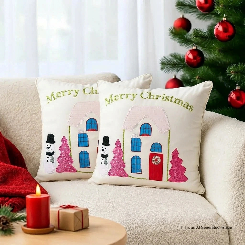 Pink Cottage Christmas Cushion Cover