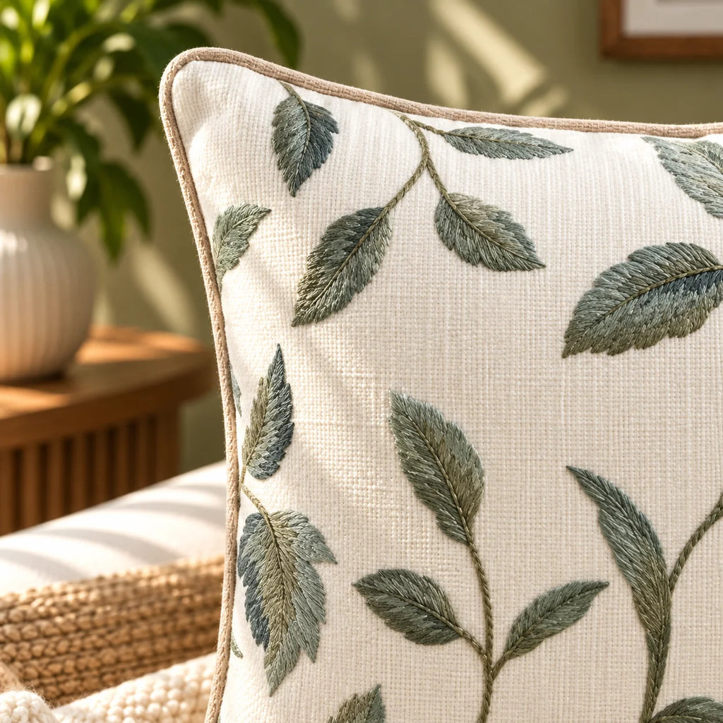 Willow Leaves Embroidered Cushion Cover