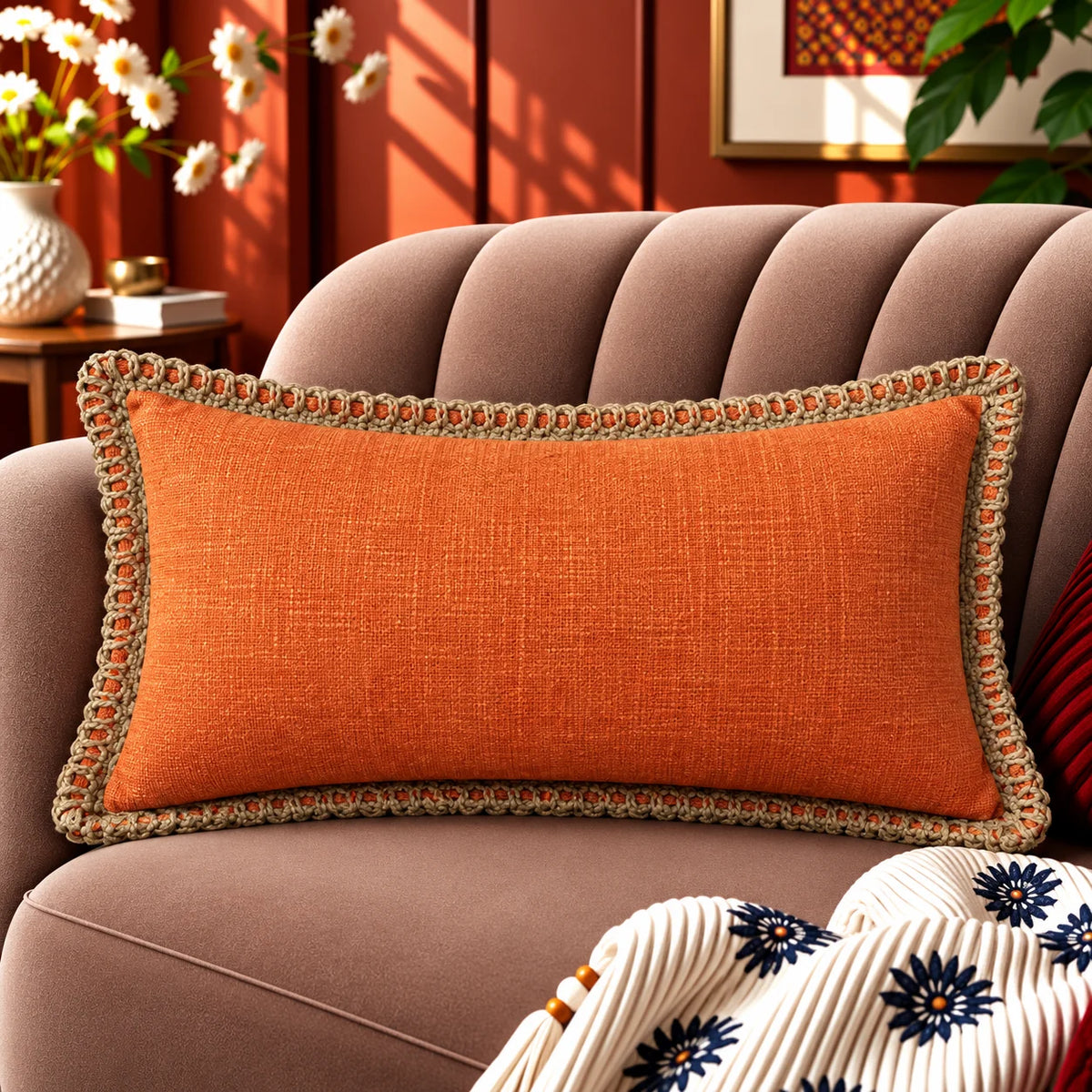 Rustic Charm Jute Lace Cushion Cover