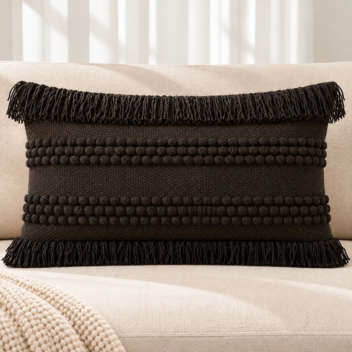 Dark Fringe Boho Lumbar Cushion Cover