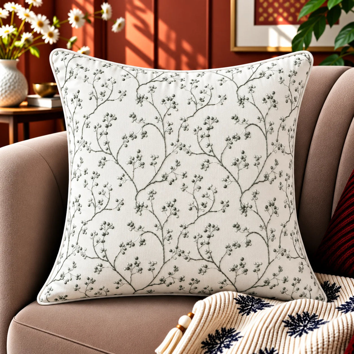 Botanical Tapestry Embroidered Cushion Cover