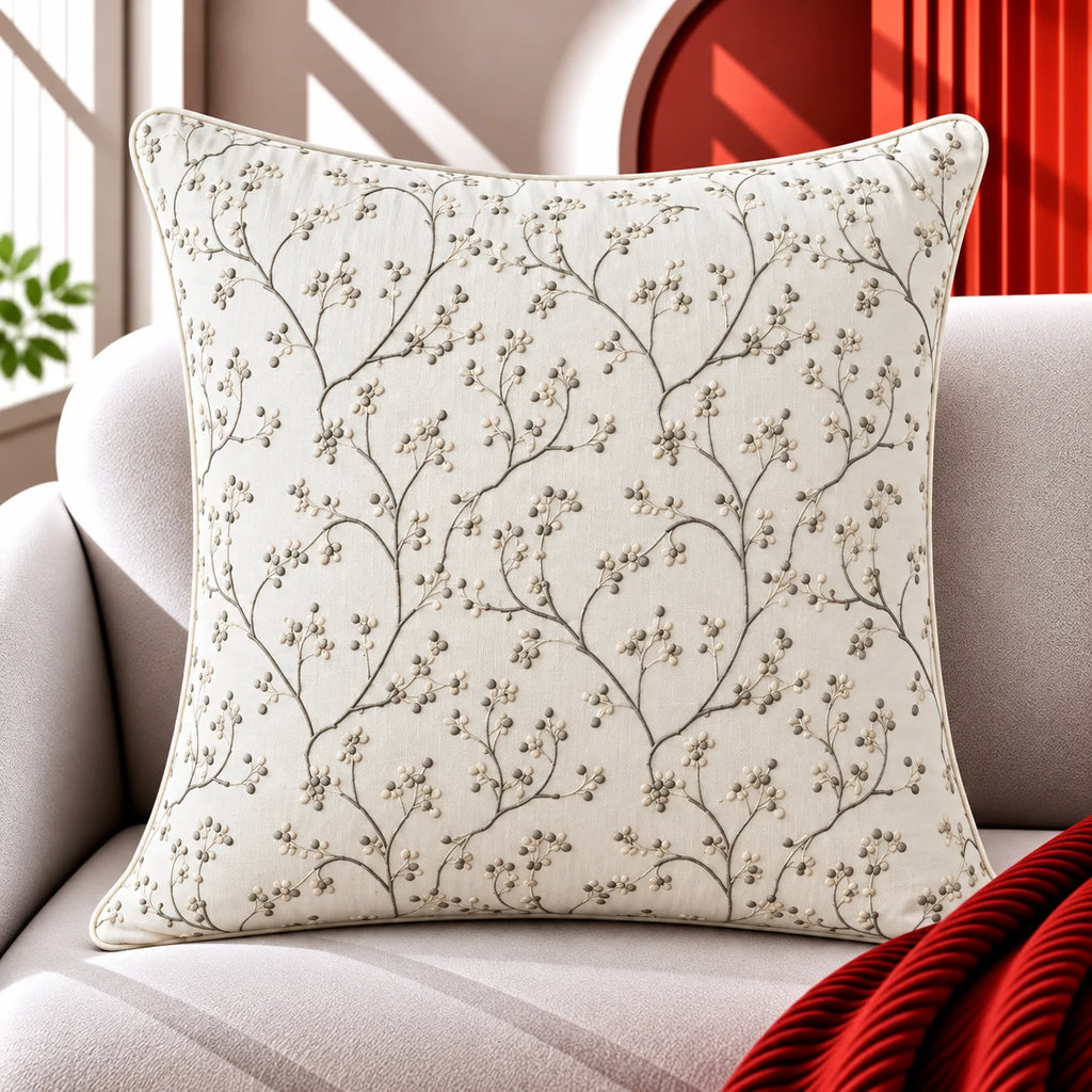 Silverberry Vine Embroidered Cushion Cover