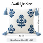 Blue Leaf Tasselette Embroidered Cushion Cover