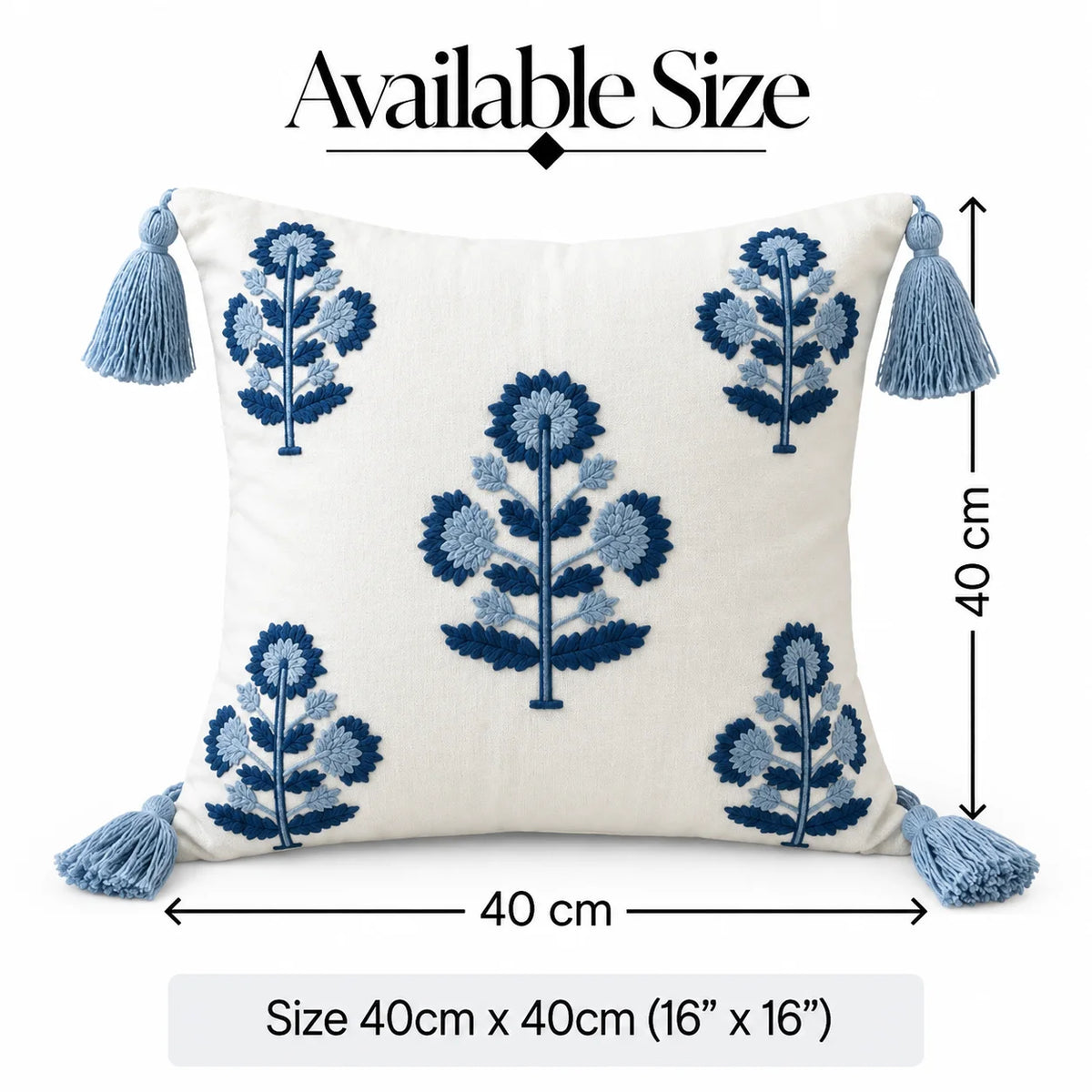 Blue Leaf Tasselette Embroidered Cushion Cover