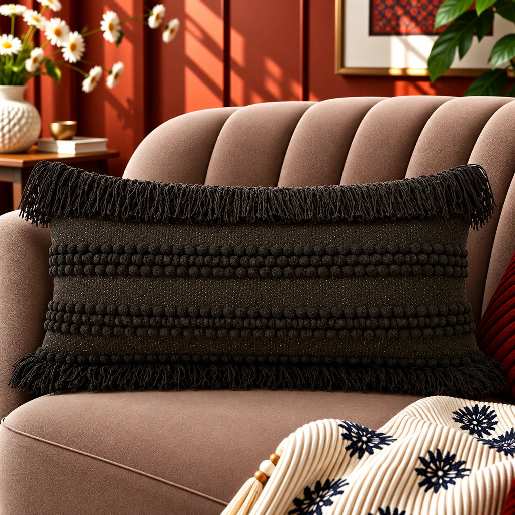 Dark Fringe Boho Lumbar Cushion Cover