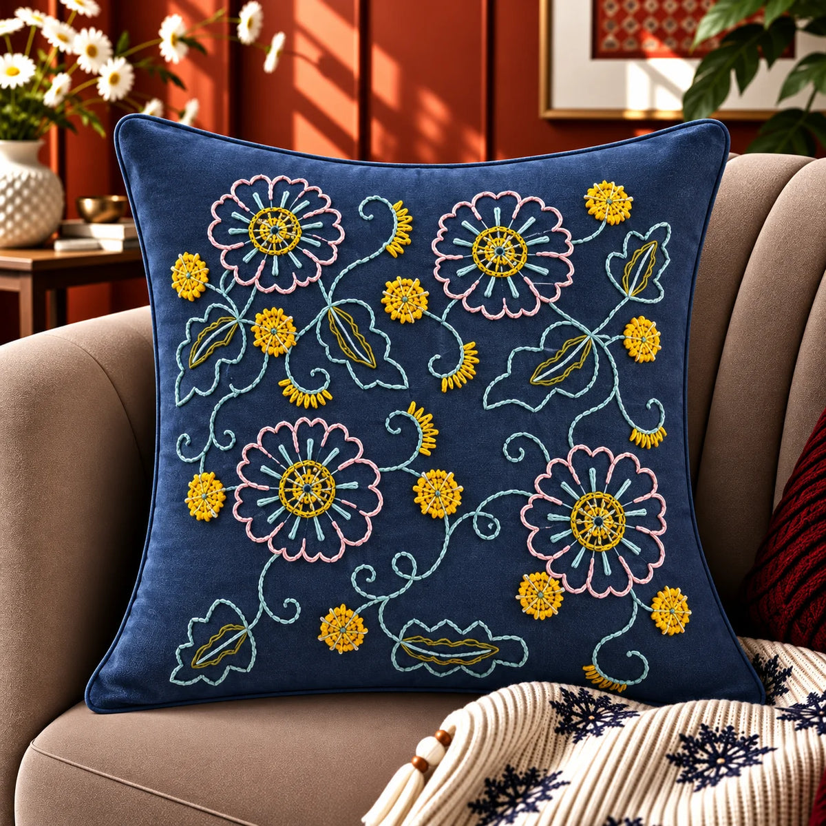 Azure Bloom Embroidered Cushion Cover