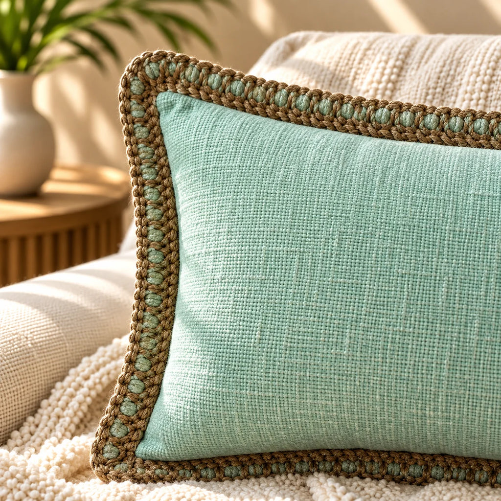 Sky Mist Jute Lace Cushion Cover