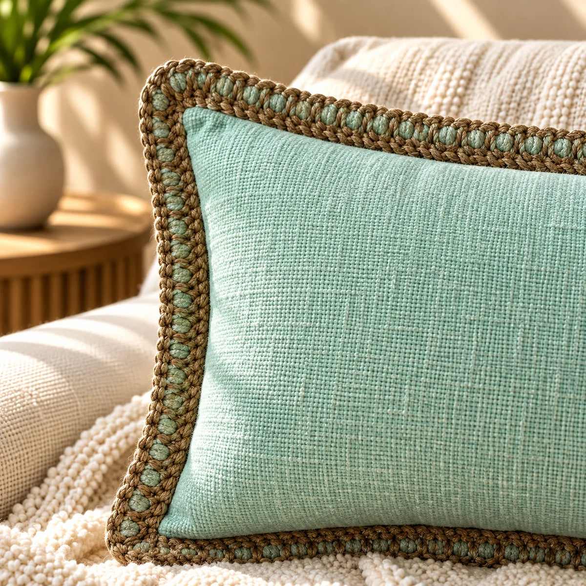 Sky Mist Jute Lace Cushion Cover