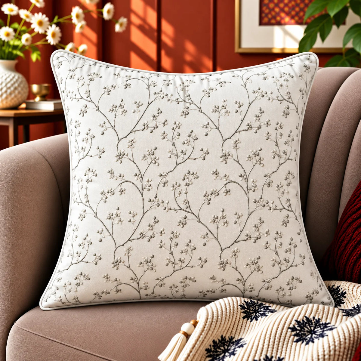 Silverberry Vine Embroidered Cushion Cover