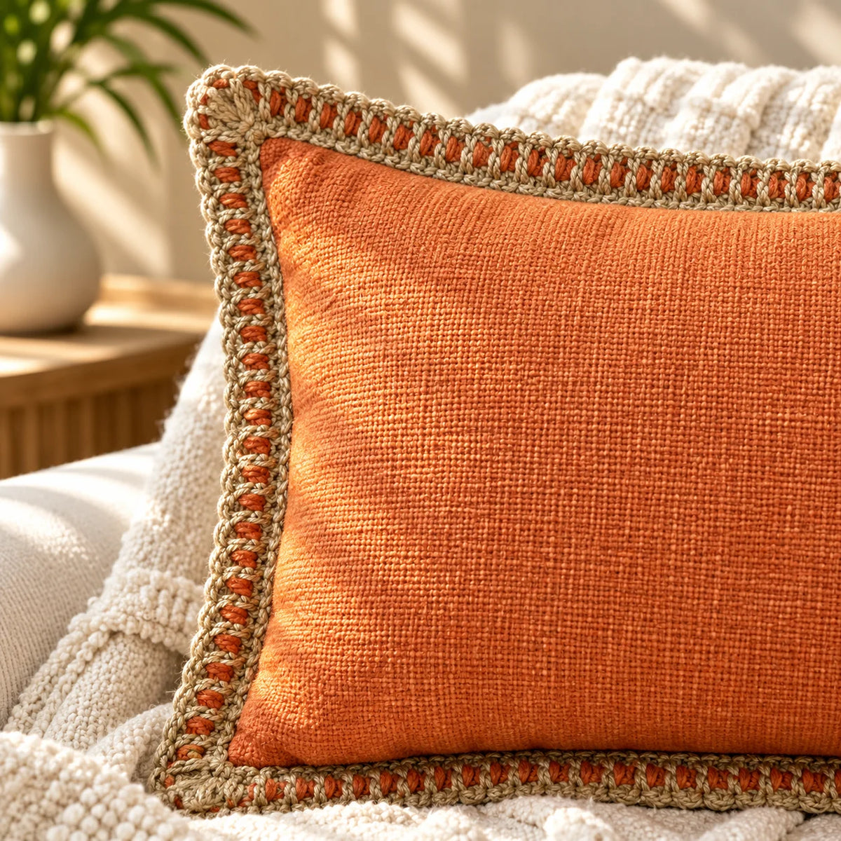 Rustic Charm Jute Lace Cushion Cover