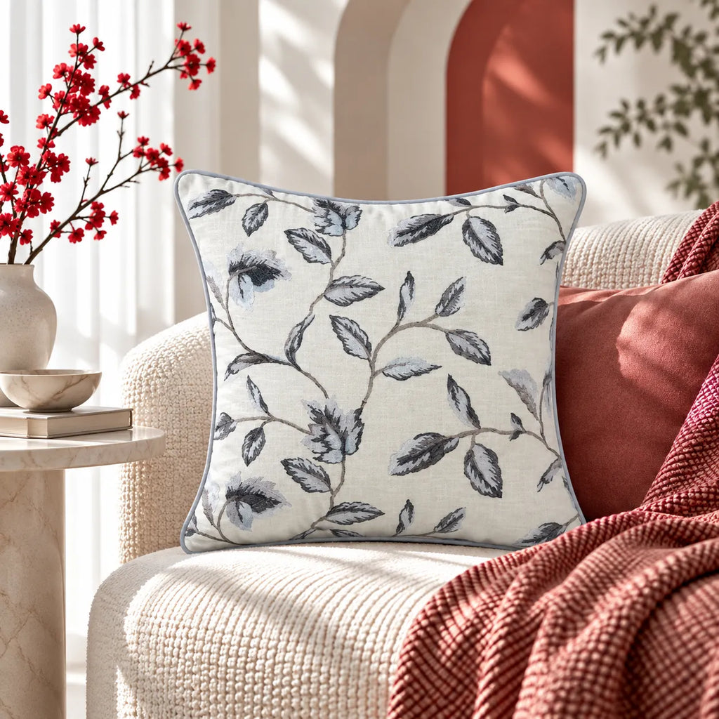 Grey Vine Embroidered Cushion Cover