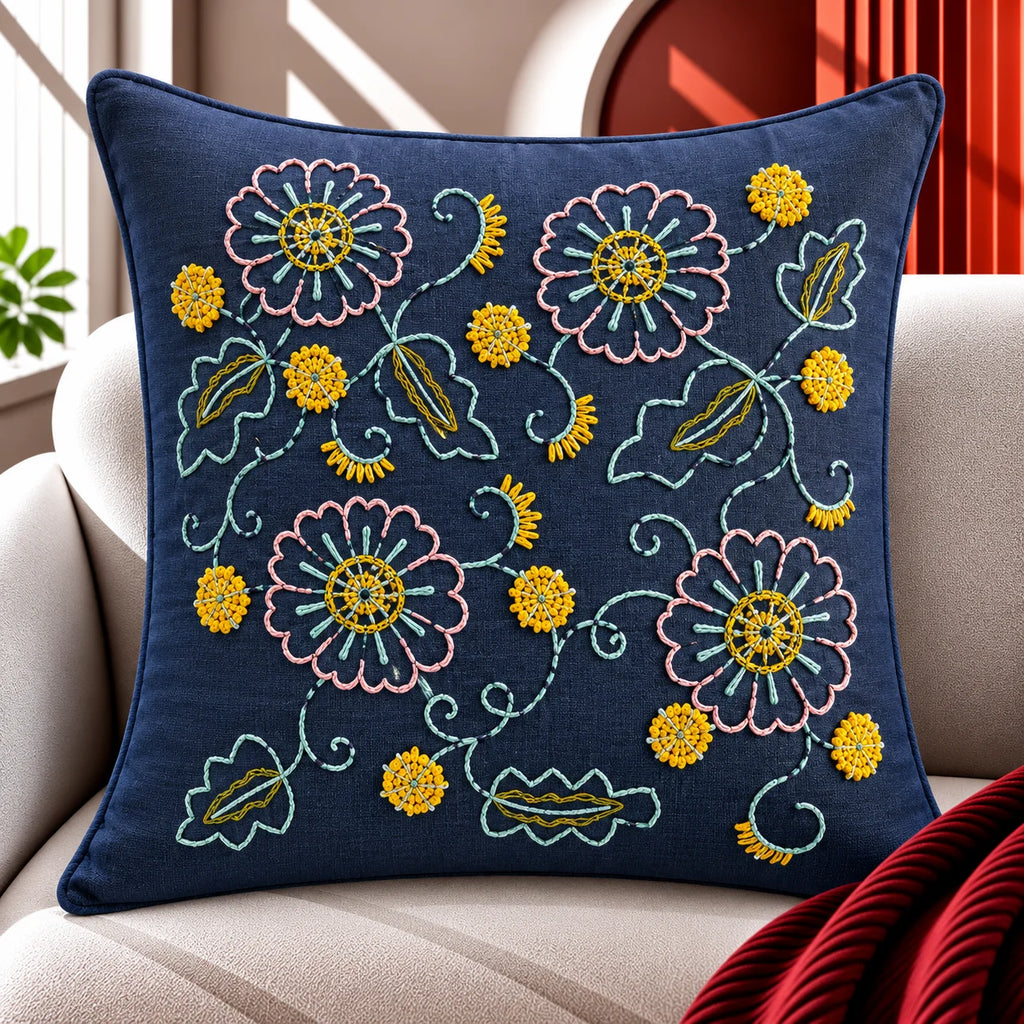Azure Bloom Embroidered Cushion Cover