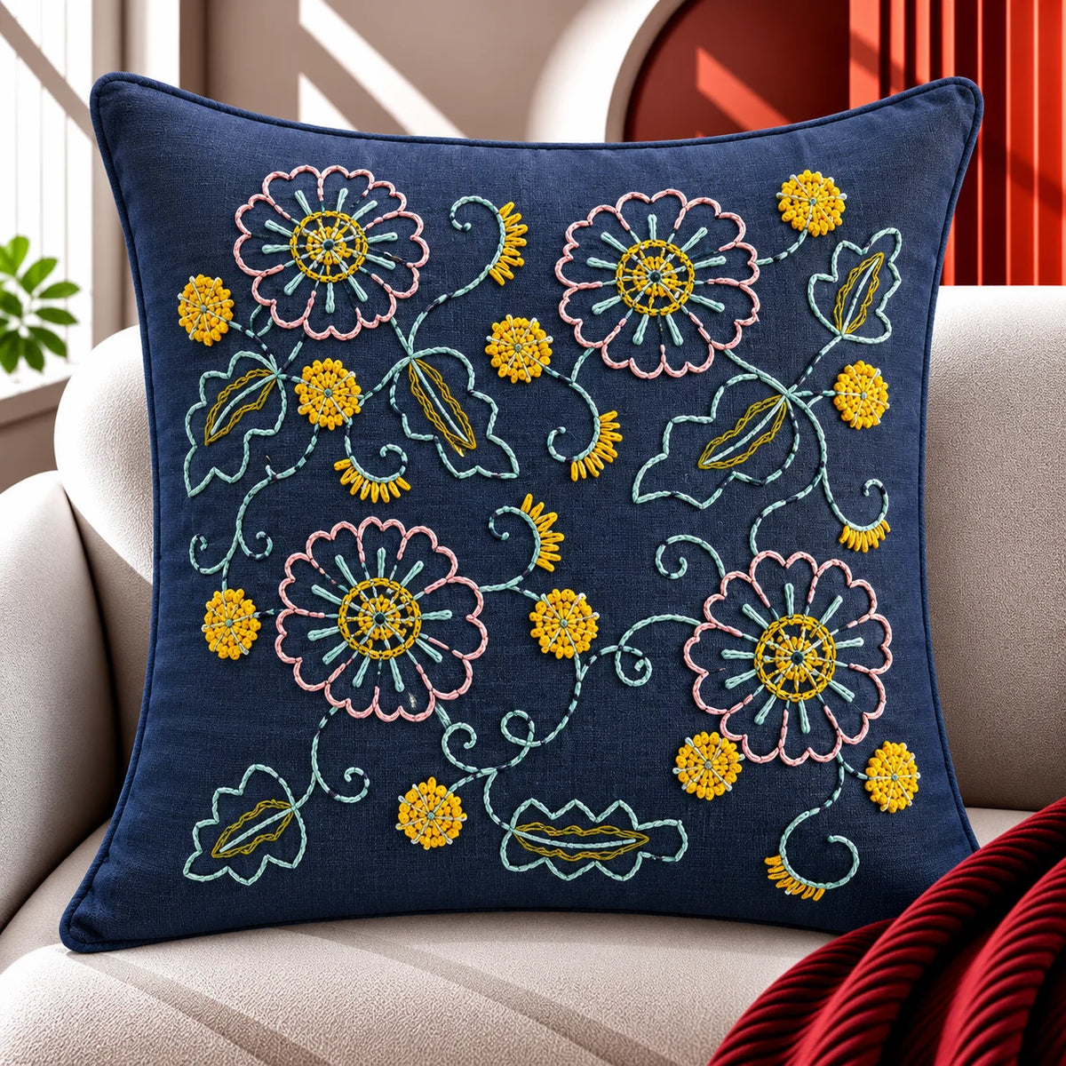 Azure Bloom Embroidered Cushion Cover
