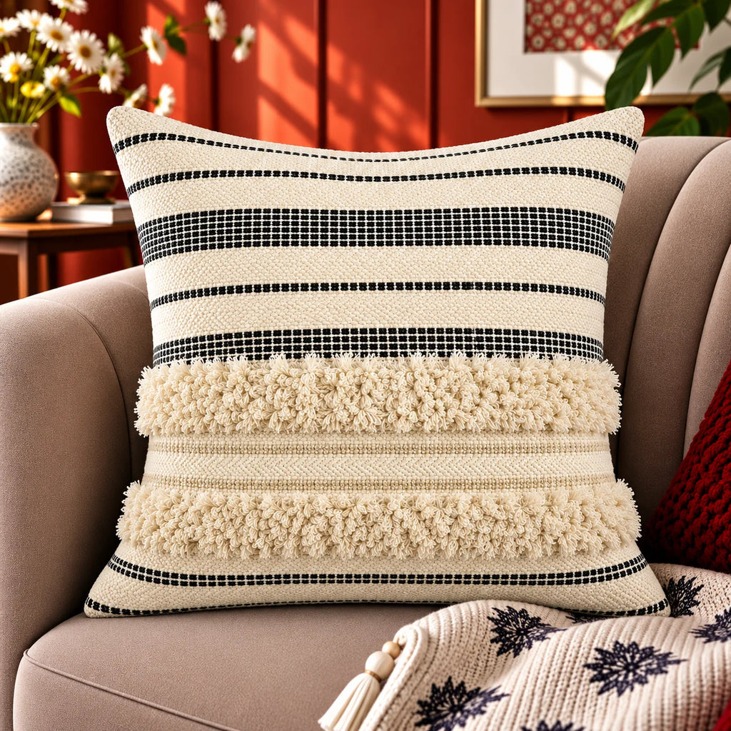 Monochrome Boho Stripe Cushion Cover
