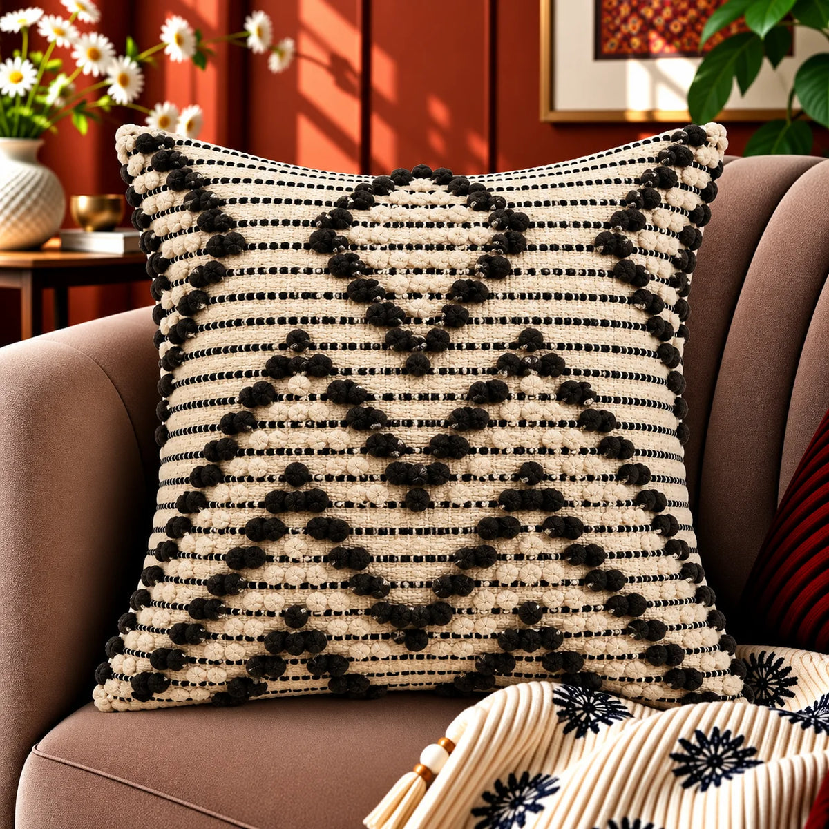 Cocoa Cream Knot Boho Cotton Cushion Cover