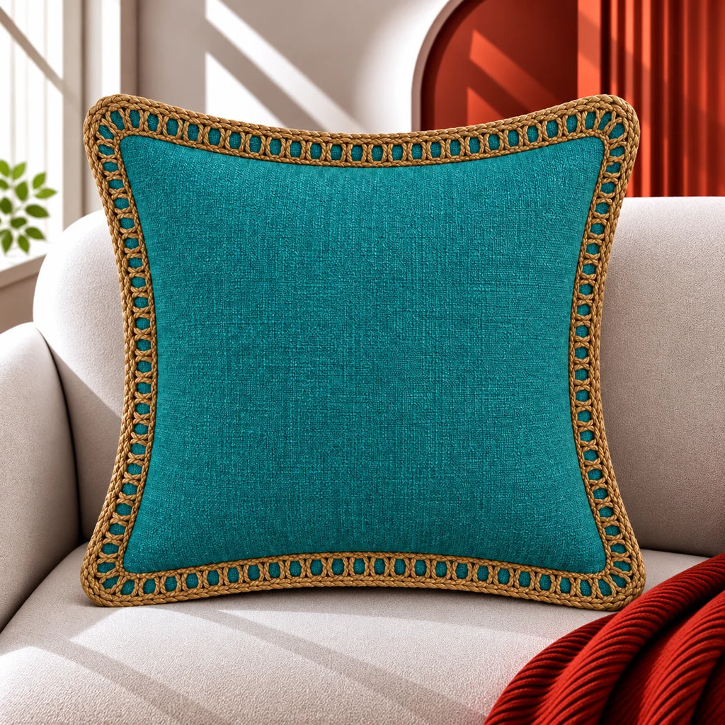 Azure Blue Jute Lace Cushion Cover