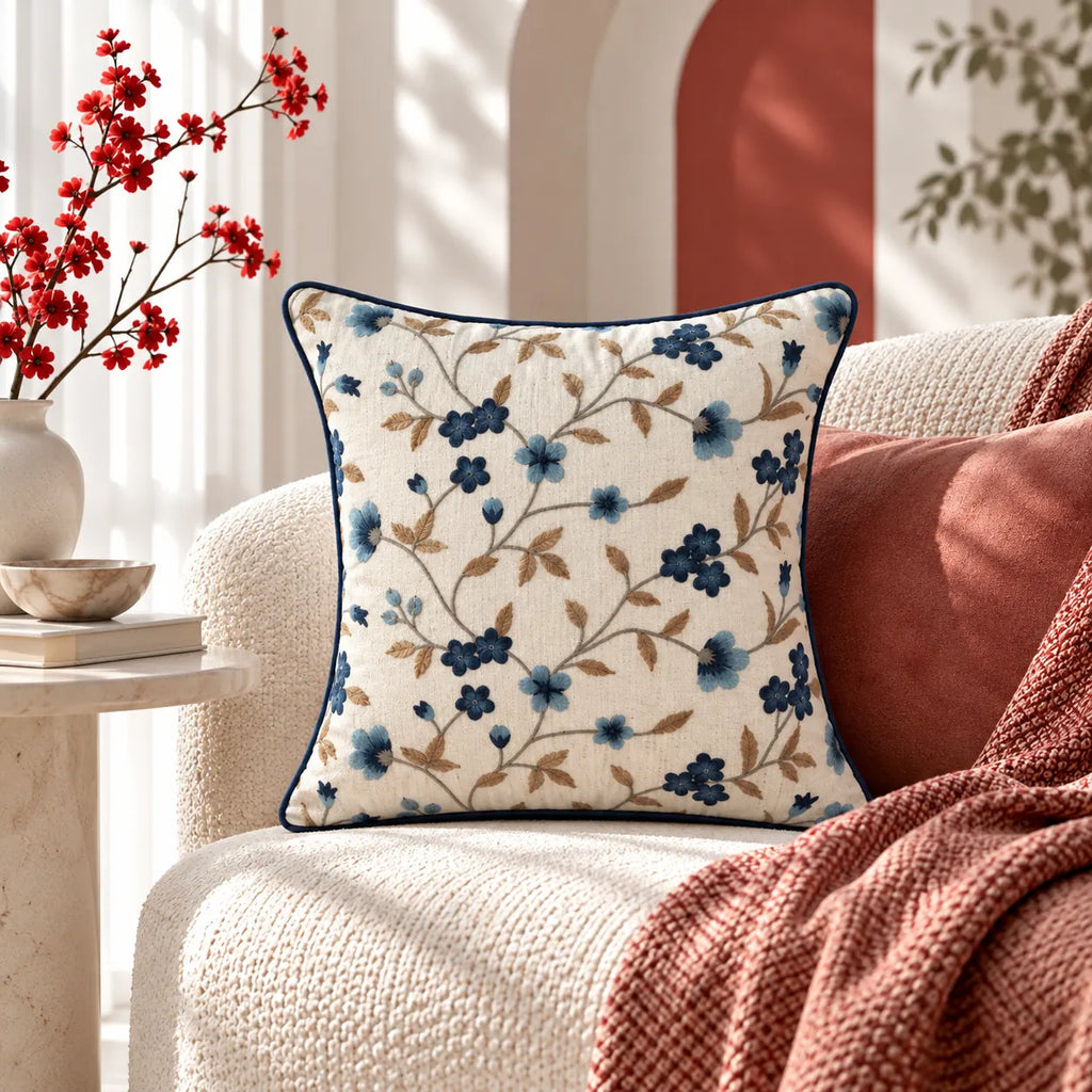 Blue Vine Embroidered Cushion Cover