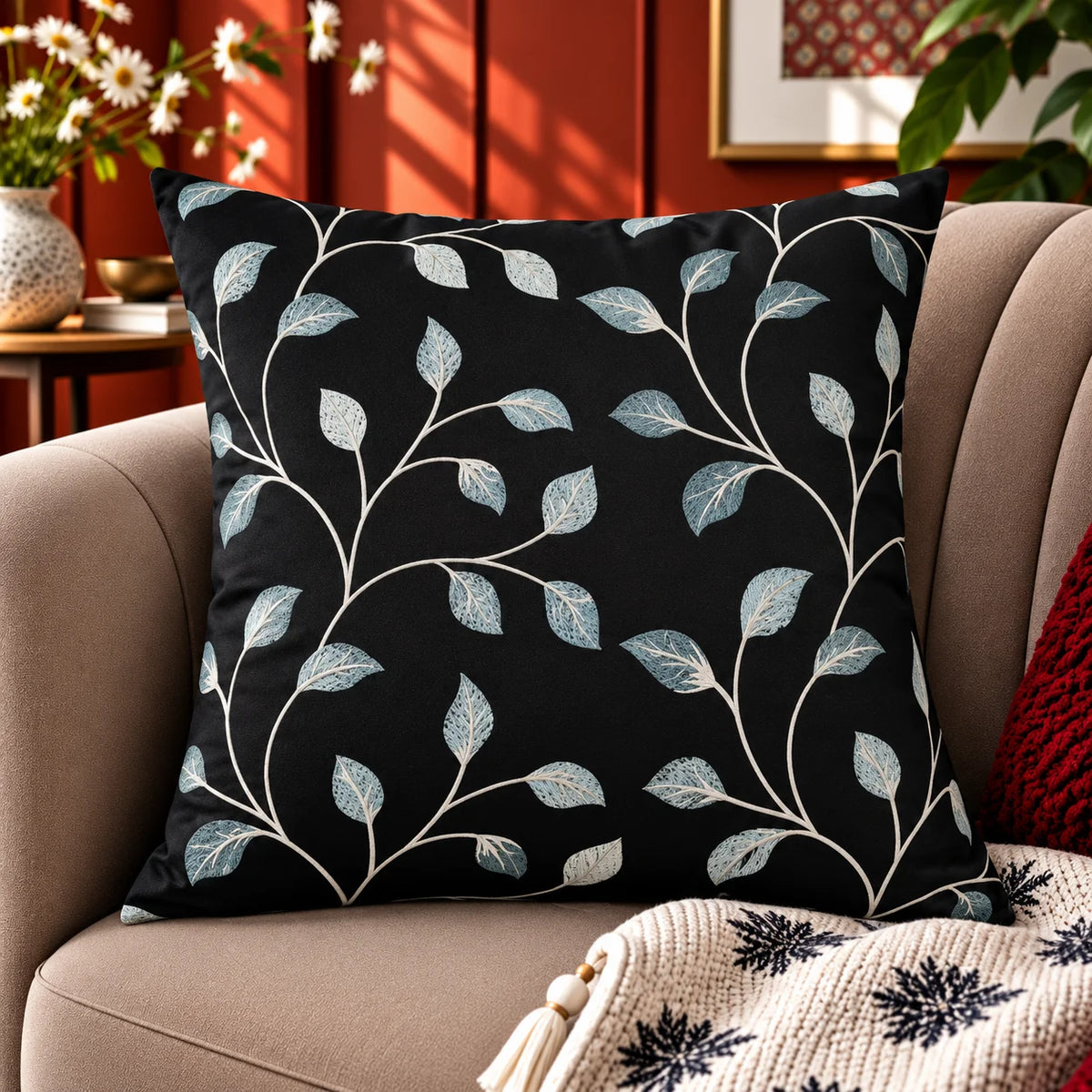 Botanical Stitch Slub Embroidered Cushion Cover