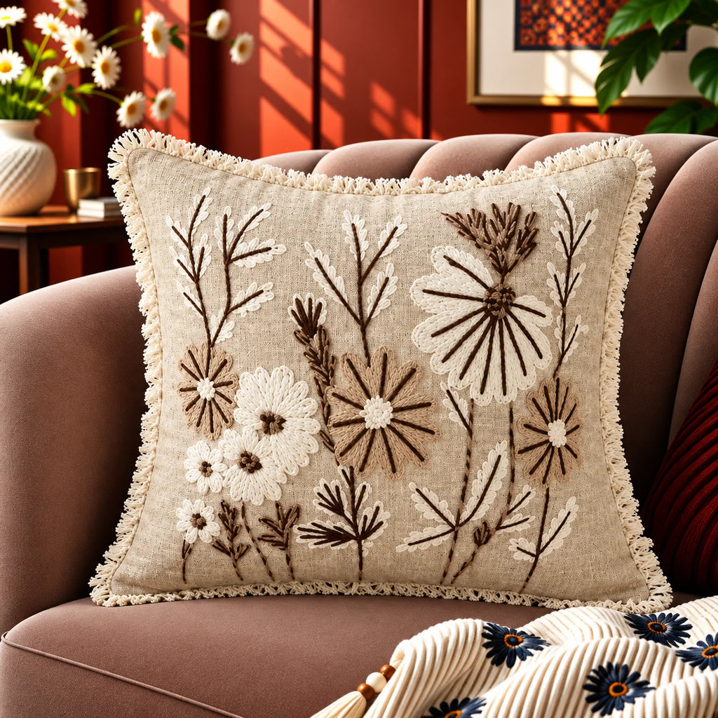 Wildflower Haven Embroidered Cushion Cover