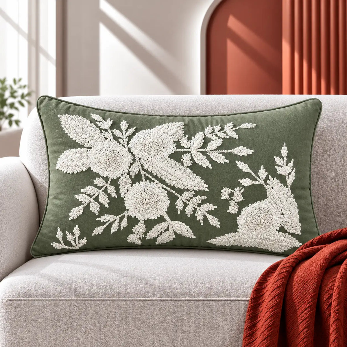 Olive Garden Embroidered Lumbar Cushion Cover
