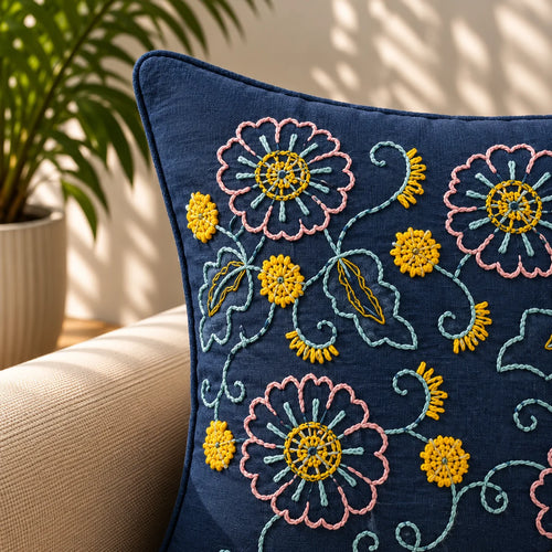 Azure Bloom Embroidered Cushion Cover
