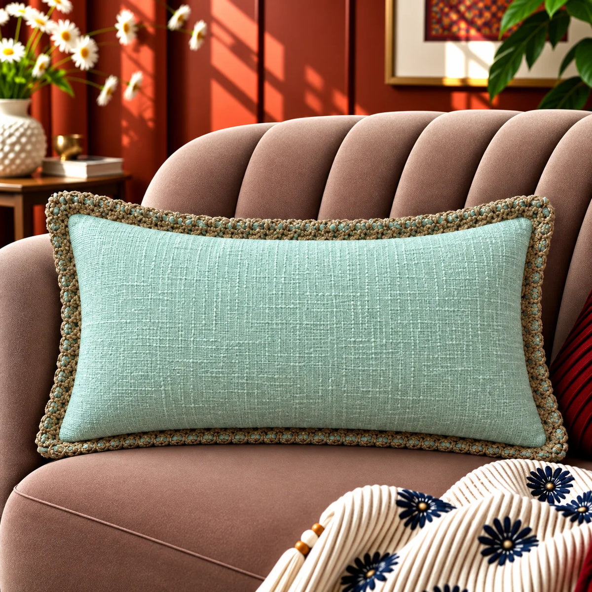 Sky Mist Jute Lace Cushion Cover