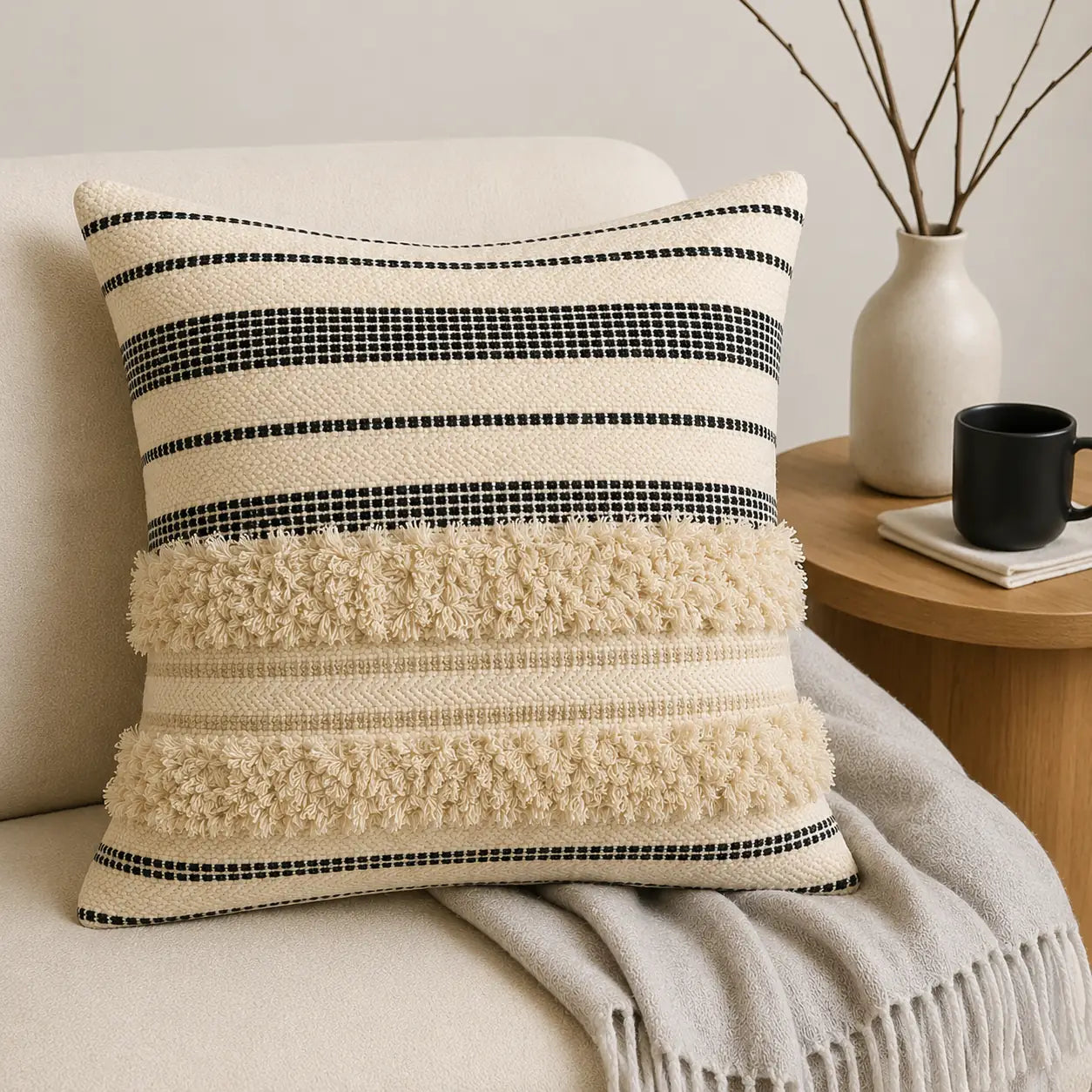 Monochrome boho stripe - Premium Cushion Cover