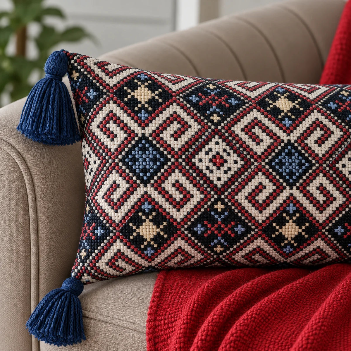 Royal Blue Jacquard Lumbar Cushion Cover