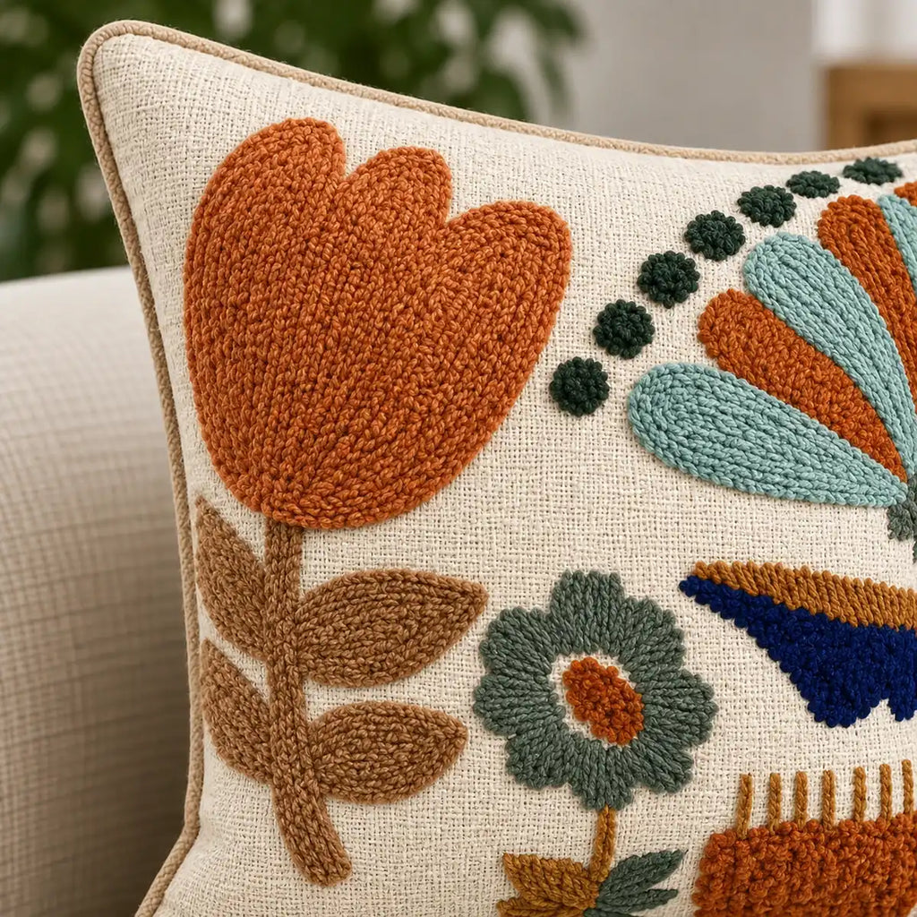 Harvest Bloom Embroidered Cushion Cover