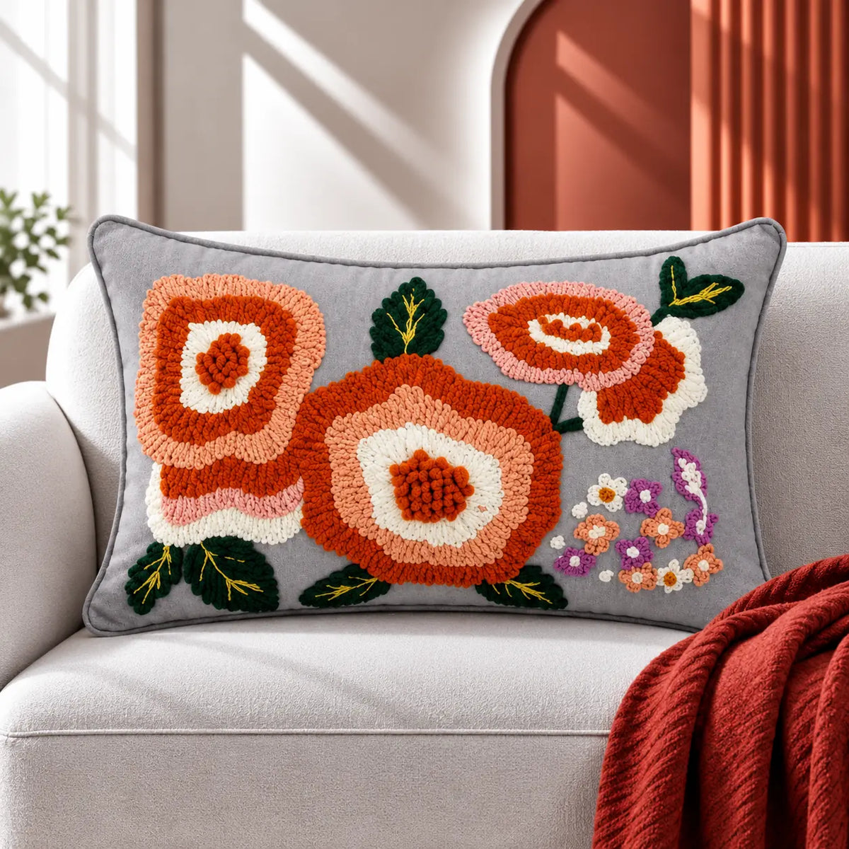 Autumn Bloom Embroidered Cushion Cover