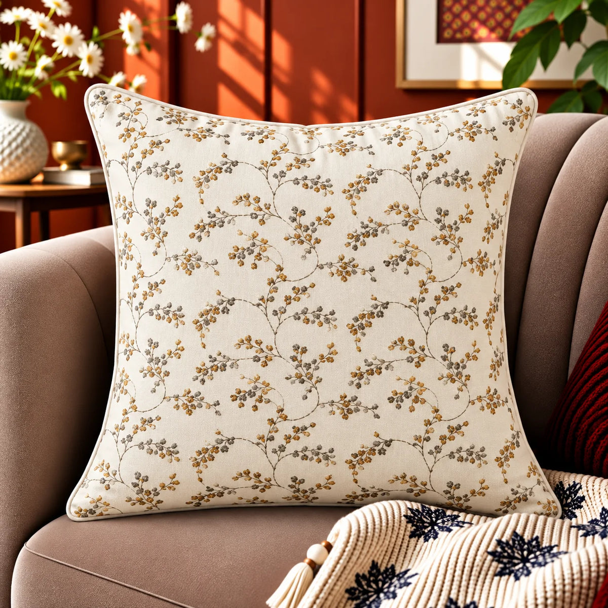 Botanical Mosaic Embroidered Cushion Cover