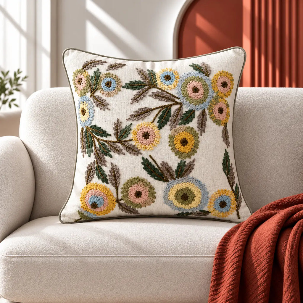 Floral Branch Embroidered Cushion Cover