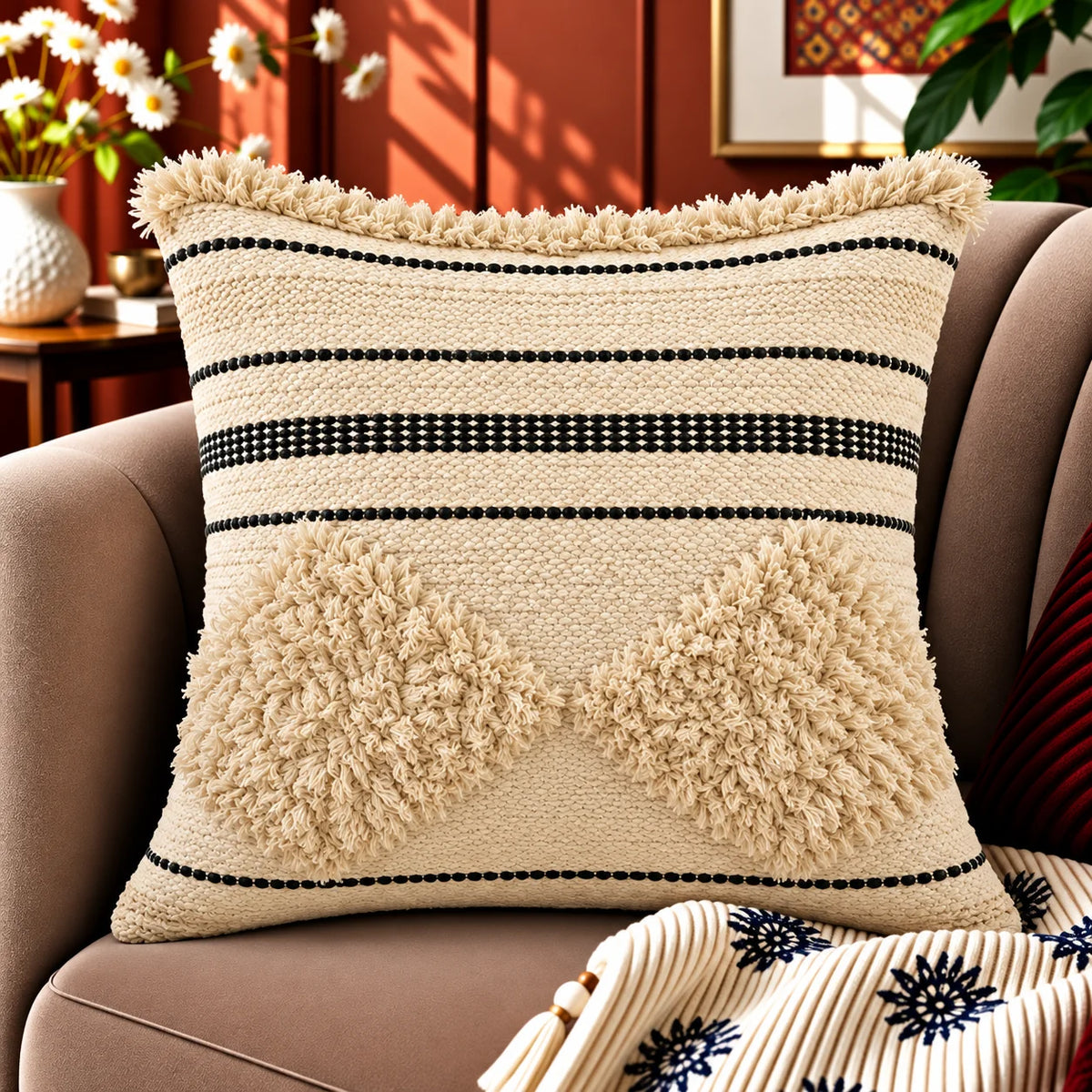 Squared Stripe Boho Cotton Cushion Cover