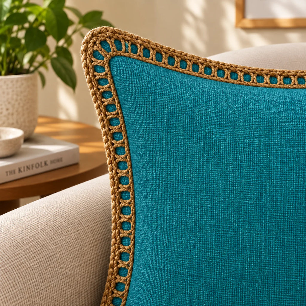 Azure Blue Jute Lace Cushion Cover