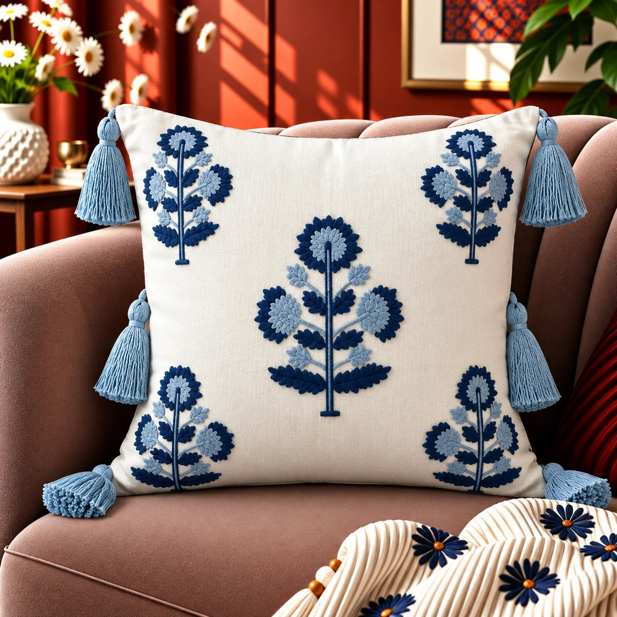 Blue Leaf Tasselette Embroidered Cushion Cover