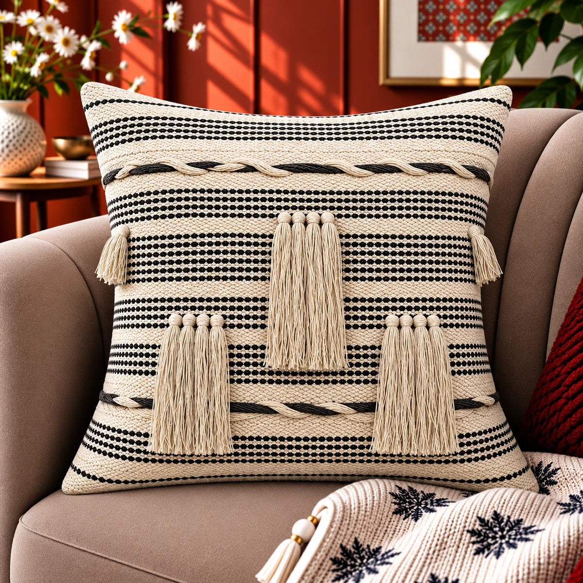 Geometric Embroidered Cotton Cushion Cover