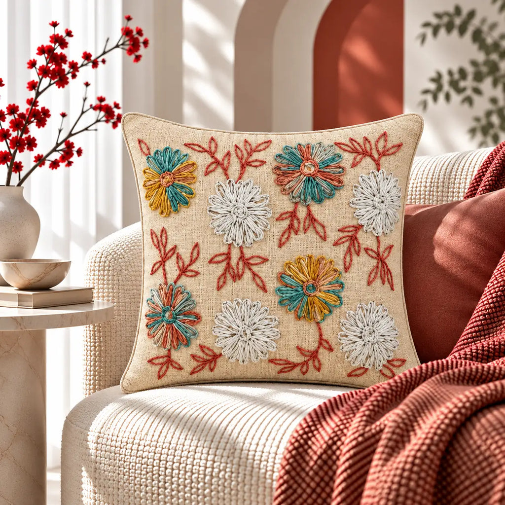 Thread Garden Slub Embroidered Cushion Cover